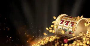 Изображение игрового автомата, выбрасывающего монеты с видимым числом 777, рекламирующее бесплатные вращения в Baboss с захватывающим дизайном.